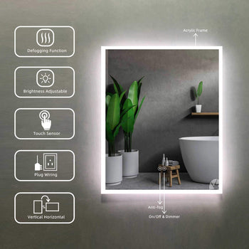 Huron Rectangular Frameless Anti-Fog Wall Bathroom LED Vanity Mirror in Silver